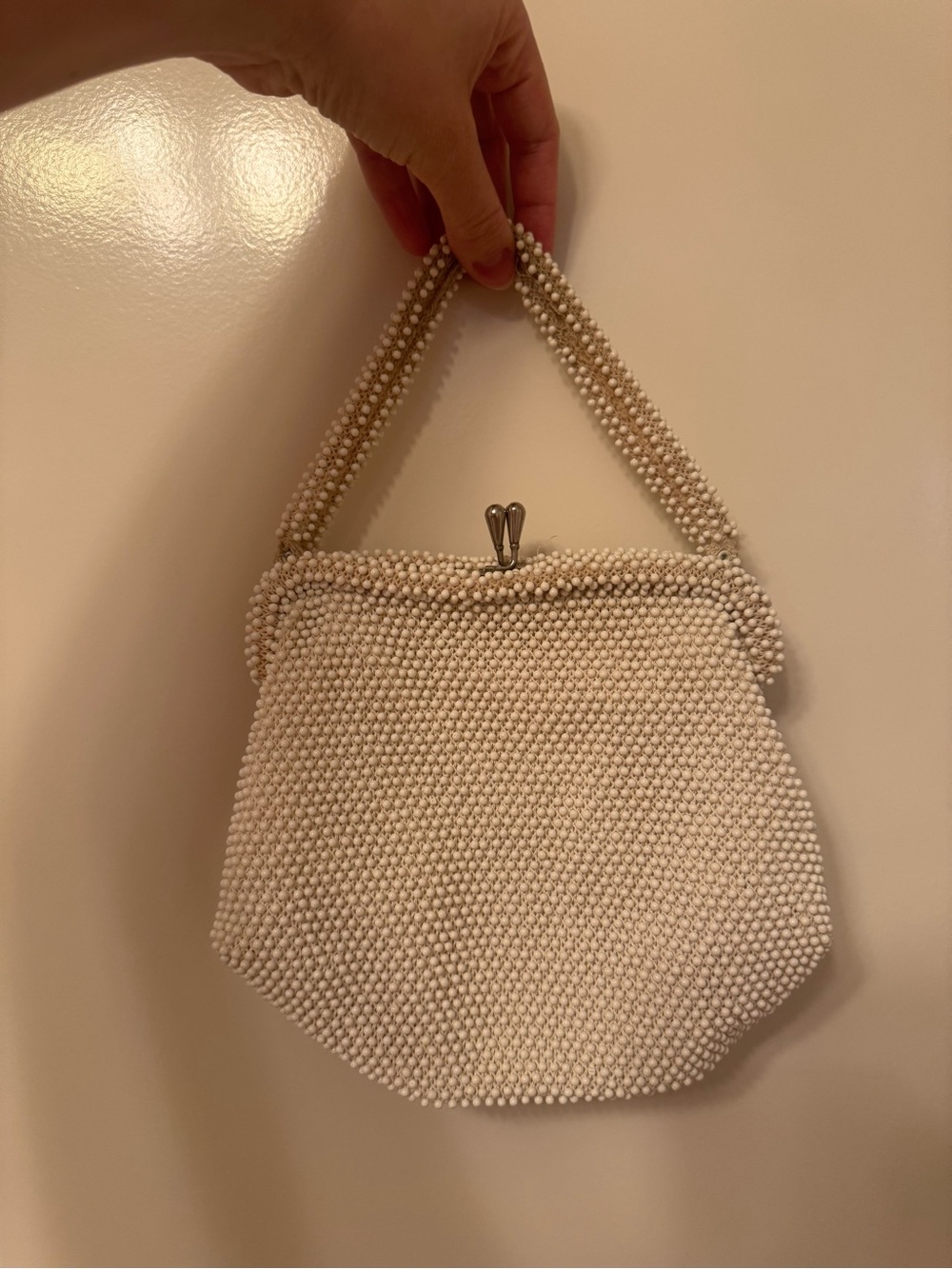 Handcrafted Cream Beaded Top-Handle Women's Bag